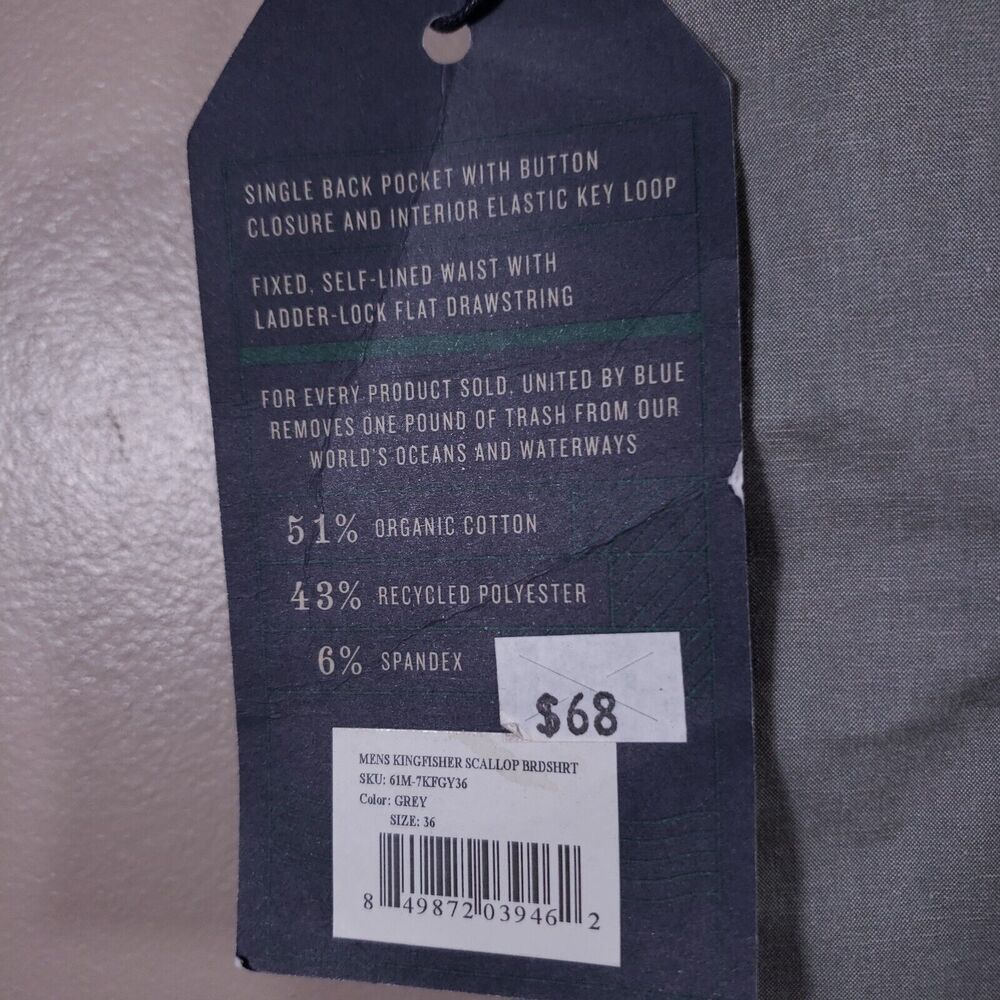 United By Blue Boardshorts Mens 36" Kingfisher Scallop Gray Organic Cotton Blend - Picture 6 of 11